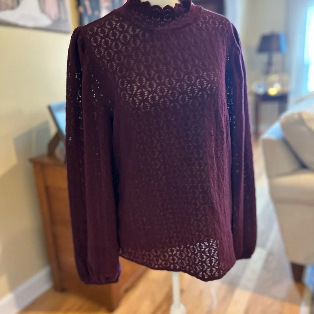 NWT Burgundy Eyelet Mock Neck Blouse Scallop Trim Long Sleeve Top